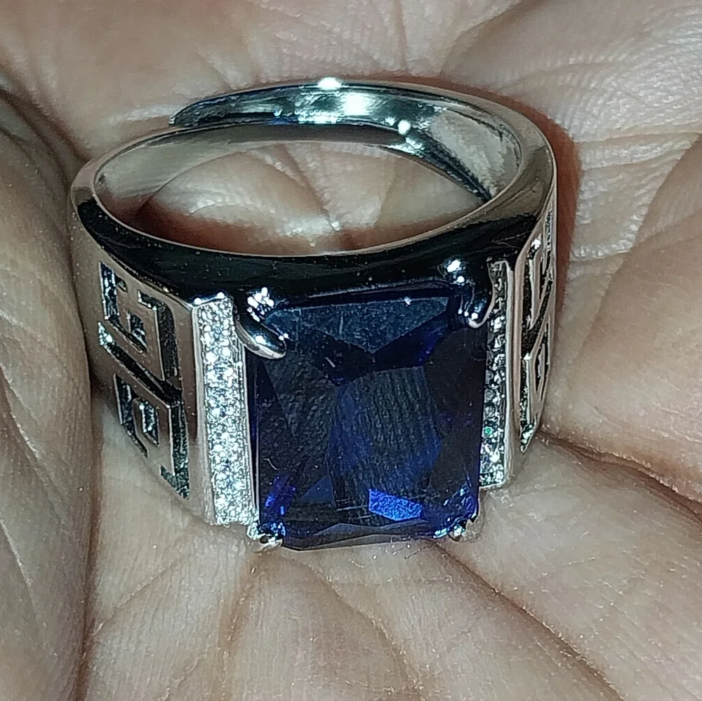 Men's 925 Silver Adjustable Ring with Blue Sapphire Gemstone